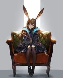Rule 34 | 1girl, amiya (arknights), animal ears, anklet, arknights, armchair, black footwear, black jacket, blue eyes, blue neckwear, blue skirt, blush, brown hair, brown legwear, chair, clothes writing, coat, female focus, foot dangle, full body, glowing, grey background, hair between eyes, hands on own knees, head tilt, highres, jacket, jewelry, kawaguchi (mojacome), long sleeves, looking at viewer, open mouth, pouch, rabbit ears, shoe dangle, shoes, simple background, sitting, skirt, sleeves past wrists, smile, solo