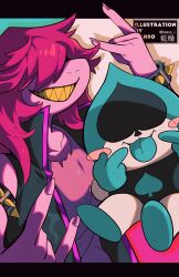 Rule 34 | 1boy, 1girl, \m/, absurdres, aqua background, aqua tongue, armlet, artist name, black border, black bracelet, black jacket, blush, border, bracelet, colored skin, commentary request, deltarune, facing viewer, fingernails, furry, furry female, grin, hair flaps, hair over eyes, hands up, highres, jacket, jewelry, kansou (kanso 1), lancer (deltarune), long hair, multicolored background, pink background, pink hair, pointing, pointing at self, purple shirt, purple skin, reptile girl, sharp fingernails, sharp teeth, shirt, sleeveless, sleeveless jacket, sleeveless shirt, smile, spade (shape), spiked armlet, spiked bracelet, spikes, susie (deltarune), teeth, tongue, tongue out, torn clothes, torn shirt, twitter username, upper body, white background, yellow teeth