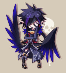 Rule 34 | 1boy, ars goetia, black hair, boots, brown background, chibi, eyepatch, japanese clothes, knee boots, kyousaku, male focus, multicolored hair, mygrimoire, original, pointy ears, purple hair, raum (mygrimoire), smile, solo, spiked hair, two-tone hair, wings