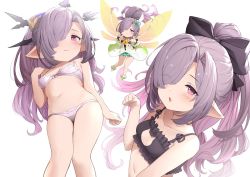 Rule 34 | 1girl, ;o, bare shoulders, black bra, black ribbon, bra, breasts, cat cutout, cat lingerie, character request, clothing cutout, collarbone, commentary, eyes visible through hair, fairy wings, granblue fantasy, grey hair, hair over one eye, hair ribbon, hands on own hips, harvin, iwao (pixiv258710), long hair, looking at viewer, meme attire, multiple views, navel, niyon (granblue fantasy), one eye closed, panties, pink eyes, pointy ears, ponytail, ribbon, simple background, small breasts, symbol-only commentary, underwear, underwear only, white background, white bra, white panties, wings
