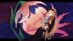 Rule 34 | 1girl, artist request, aura, black dress, blonde hair, commentary request, dress, feet out of frame, flower, fox print, full moon, headdress, high collar, highres, hug, jitome, junko (touhou), letterboxed, long hair, long sleeves, moon, neck ribbon, night, night sky, outline, pink moon, pom pom (clothes), red eyes, ribbon, sitting, skeleton, sky, solo, spider lily, tabard, tassel, touhou, very long hair, wide sleeves, yellow ribbon