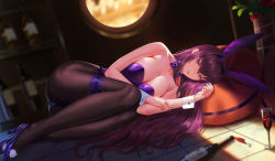 Rule 34 | 1girl, alcohol, bare shoulders, bottle, breasts, cleavage, cup, drinking glass, fate/grand order, fate (series), fishnet pantyhose, fishnets, large breasts, leotard, long hair, looking at viewer, lying, official alternate costume, on side, pantyhose, playboy bunny, purple hair, purple leotard, red eyes, sansan (dongfangzhong111), scathach (fate), scathach (piercing bunny) (fate), strapless, strapless leotard, thighs, wine, wine bottle, wine glass