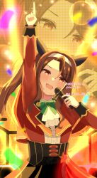 Rule 34 | 1girl, brown hair, commission, ear covers, hairband, highres, holding, holding microphone, horse girl, iroha 822, king halo (umamusume), long sleeves, looking at viewer, microphone, open mouth, pointing, pointing up, puffy long sleeves, puffy sleeves, red eyes, side ponytail, smile, solo, umamusume, upper body, white hairband