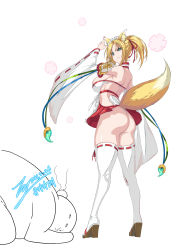 Rule 34 | 1girl, absurdres, animal ears, apron, ass, bare shoulders, blonde hair, breasts, commentary, commission, detached sleeves, dog days, forehead, fox ears, fox girl, fox tail, frilled apron, frilled skirt, frills, frown, full body, fundoshi, geta, green eyes, hair ornament, hair ribbon, hand up, head bump, high heels, highres, japanese clothes, large breasts, legs apart, long sleeves, looking at another, looking back, maid headdress, nontraditional miko, parted bangs, pixiv commission, rantia, red ribbon, red skirt, ribbon, sideboob, signature, simple background, skirt, standing, tail, thighhighs, thighs, v-shaped eyebrows, white background, white thighhighs, wide sleeves, yukikaze panettone