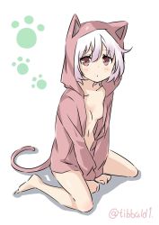 Rule 34 | 10s, 1girl, animal ears, arms between legs, bad id, bad twitter id, bare legs, barefoot, blush, breasts, cat ears, cat tail, collarbone, ebifurya, eyebrows, fake animal ears, fake tail, full body, gradient hair, hair between eyes, highres, hood, hoodie, inactive account, kantai collection, long sleeves, looking at viewer, multicolored hair, naked hoodie, navel, no bra, no pants, paw print, red eyes, shadow, short hair, simple background, sitting, small breasts, solo, tail, tama (kancolle), twitter username, two-tone hair, wariza, white background