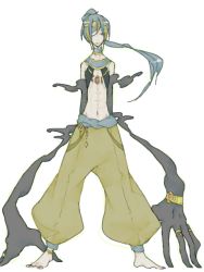 Rule 34 | 1boy, abs, anklet, barefoot, bracelet, choker, cofagrigus, creatures (company), full body, game freak, gen 5 pokemon, grey hair, hair over one eye, headband, jewelry, male focus, monster boy, muscular, necklace, nintendo, personification, pokemon, ring, simple background, skinny, solo, standing, white background