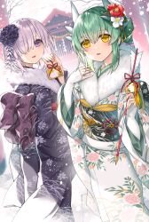 Rule 34 | 2girls, alternate costume, arrow (projectile), blush, commentary request, dragon girl, dragon horns, fate/grand order, fate (series), floral print, flower, green hair, green kimono, hair flower, hair ornament, hair over one eye, hand up, highres, holding, holding arrow, horns, japanese clothes, kimono, kiyohime (fate), long hair, long sleeves, looking at viewer, mash kyrielight, morizono shiki, multiple girls, one eye covered, outdoors, purple eyes, purple hair, purple kimono, sash, shrine, smile, snow, wide sleeves, yellow eyes