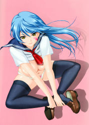 Rule 34 | 1girl, absurdres, bandaid, bandaid on face, black thighhighs, blouse, blue hair, bow, bow panties, breasts, cleavage, clothes lift, from above, happoubi jin, highres, indian style, large breasts, lips, loafers, long hair, looking at viewer, necktie, no pants, original, panties, pink background, red necktie, scan, school uniform, serafuku, shirt, shirt lift, shoe dangle, shoes, simple background, sitting, smile, solo, thighhighs, underwear, white panties, white shirt, yellow eyes