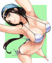 Rule 34 | 1girl, armpits, arms up, ass, barefoot, bikini, black hair, blue eyes, breasts, butt crack, cleavage, closed mouth, collarbone, downpants, eyelashes, from above, hai ookami, halterneck, highres, large breasts, lipstick, long hair, looking at viewer, makeup, mouth hold, navel, original, side-tie bikini bottom, smile, solo, stomach, strap gap, string bikini, swimsuit, very long hair, white bikini