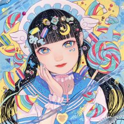 Rule 34 | 1girl, beret, black hair, blue eyes, blue nails, blue sailor collar, blunt bangs, candy, choker, crescent, crescent hair ornament, earrings, facial mark, food, frilled choker, frills, hair ornament, hand on own cheek, hand on own face, hat, highres, jewelry, lollipop, long hair, multicolored eyes, original, red lips, sailor collar, school uniform, serafuku, solo, swirl lollipop, tatsumi (serao), twintails, white hat, yellow eyes