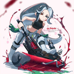 1girl arm_belt artist_name bare_shoulders belt belt_buckle black_belt black_eyes black_hair black_shirt boots breasts buckle chinese_commentary closed_mouth commentary_request crop_top fingerless_gloves full_body gloves green_gloves grey_gloves grizzco_roller_(splatoon) heterochromia highleg highleg_panties holding holding_weapon jinkoika long_hair midriff mole mole_under_eye navel nintendo o-ring o-ring_bottom o-ring_panties octoling octoling_girl octoling_player_character paint_splatter paint_splatter_on_face panties pants parted_bangs ponytail red_eyes salmon_run_(splatoon) shirt single_glove sleeveless sleeveless_shirt solo splatoon_(series) suction_cups tentacle_hair underwear unworn_gloves very_long_hair watch watermark weapon white_footwear white_panties white_pants wristwatch