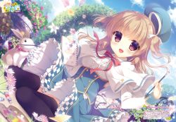 Rule 34 | 1girl, :d, black thighhighs, blonde hair, brown eyes, capelet, cloud, cloudy sky, day, dutch angle, floating hair, flower, hair ribbon, highres, long hair, looking at viewer, mouth hold, neck ribbon, open mouth, original, outdoors, pink flower, rabbit, red ribbon, ribbon, shirt, sitting, skirt, sky, smile, solo, thighhighs, two side up, white flower, white ribbon, white shirt, yukie (peach candy)