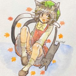 Rule 34 | :3, :d, absurdres, animal ears, autumn leaves, bow, brown hair, cat, cat tail, chen, falling leaves, green hat, hat, highres, jewelry, leaf, long sleeves, maple leaf, mob cap, multiple tails, open mouth, red skirt, short hair, skirt, smile, sssmzk, tail, touhou, traditional media, two tails