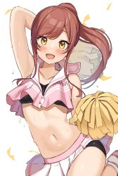 Rule 34 | 1girl, absurdres, alternate hairstyle, arm up, armpits, bad id, bad pixiv id, blush, brown hair, cheering, cheerleader, clothes writing, crop top, highres, holding, holding pom poms, idolmaster, idolmaster shiny colors, long hair, midriff, navel, open mouth, osaki amana, pleated skirt, pom pom (cheerleading), pom poms, ponytail, shirt, skirt, sleeveless, sleeveless shirt, smile, solo, sweat, swept bangs, wanimaru, yellow eyes