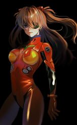 Rule 34 | 1girl, blue eyes, bodysuit, breasts, brown hair, expressionless, eyepatch, floating hair, hairpods, highres, interface headset, lips, looking at viewer, neon genesis evangelion, plugsuit, rebuild of evangelion, red bodysuit, shiny clothes, simple background, solo, souryuu asuka langley, standing, twintails, two side up, wide hips