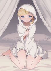 Rule 34 | 1girl, barefoot, bed sheet, blonde hair, blue eyes, blush, closed mouth, collarbone, hood, hood up, kantai collection, looking at viewer, one-hour drawing challenge, shin&#039;you (kancolle), short hair, sitting, solo, toes, wariza, yamashichi (mtseven)