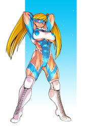Rule 34 | 1990s (style), 1girl, abs, armpits, arms up, blonde hair, blue eyes, blush, boots, breasts, cameltoe, capcom, ez6, female focus, heart, highres, knee boots, knee pads, large breasts, leotard, long hair, mask, muscular, muscular female, narrow waist, rainbow mika, retro artstyle, solo, street fighter, street fighter zero (series), thick thighs, thighs, toned, twintails, underboob, wrestling outfit