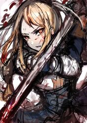Rule 34 | 1girl, absurdres, agrias oaks, angry, armor, blonde hair, blood, blood on clothes, blood on face, braid, chuhaibane, final fantasy, final fantasy tactics, highres, holding, holding weapon, looking at viewer, red eyes, shoulder armor, simple background, solo, sword, tooth, upper body, weapon