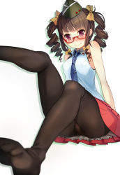 Rule 34 | 1girl, bare shoulders, black pantyhose, blush, bow, brown hair, drill hair, feet, foreshortening, garrison cap, glasses, hair bow, hat, long hair, necktie, no shoes, panties, panties under pantyhose, pantyhose, pantyshot, parsley-f, pleated skirt, purple eyes, red-framed eyewear, simple background, sitting, skirt, smile, solo, twin drills, twintails, underwear, upskirt