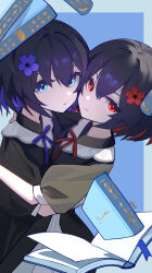 Rule 34 | 2girls, absurdres, ai dongdong, black hair, black shirt, blue eyes, book, closed mouth, colored inner hair, dot nose, dual persona, flower, from above, hair between eyes, hair flower, hair ornament, highres, honkai (series), honkai impact 3rd, hug, looking at viewer, multicolored hair, multiple girls, mutual hug, neck ribbon, open book, puffy short sleeves, puffy sleeves, purple flower, purple hair, raised eyebrows, red eyes, red flower, ribbon, seele (alter ego), seele vollerei, shirt, short hair, short sleeves, sidelocks, sleeve cuffs, smile, upper body