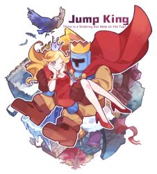 Rule 34 | 1boy, 1girl, armor, babe (jump king), bird, black bird, blonde hair, blue eyes, boots, bracelet, brown footwear, brown gloves, cape, carrying, copyright name, crown, dress, feathers, full armor, gloves, high heels, highres, humibun74, jewelry, jump king, jump king (character), long hair, one eye closed, outline, princess carry, red cape, red dress, red footwear, short sleeves, white outline