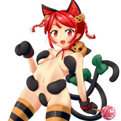 Rule 34 | 1girl, aged down, animal ears, animal hands, bow, braid, breasts, candy, cat ears, cat tail, fang, food, food-themed hair ornament, gloves, hair ornament, halloween, highres, himenomikan, jack-o&#039;-lantern, kaenbyou rin, lollipop, medium breasts, multiple tails, nekomata, pumpkin, pumpkin hair ornament, red eyes, red hair, solo, striped, swirl lollipop, tail, tail bow, tail ornament, thighhighs, touhou, twin braids, two tails