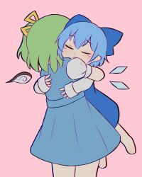 Rule 34 | 2girls, blue bow, blue dress, blue hair, bow, cevio, cirno, closed eyes, commentary, crying, daiyousei, detached wings, dress, english commentary, fairy wings, ferdy&#039;s lab, green hair, hair bow, highres, hug, ice, ice wings, kyu-kurarin (cevio), long sleeves, multiple girls, parody, pink background, short hair, short sleeves, side ponytail, simple background, touhou, variant set, wings