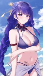 Rule 34 | 1girl, absurdres, arm belt, arm under breasts, armpit crease, beach, bikini, blue sky, blunt bangs, braid, breasts, cleavage, closed mouth, cloud, collarbone, cowboy shot, day, detached collar, flower, genshin impact, hal aluha, hand on own arm, highres, horizon, jewelry, large breasts, layered bikini, long hair, looking at viewer, low-braided long hair, low-tied long hair, mole, mole under eye, nail polish, navel, neck ribbon, parted bangs, pubic tattoo, purple bikini, purple eyes, purple flower, purple hair, purple nails, purple sarong, raiden shogun, ribbon, ring, sarong, sky, solo, stomach, string bikini, swimsuit, tattoo