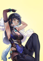 Rule 34 | 1girl, absurdres, arecus, arm up, armpit crease, armpits, black gloves, black thighhighs, blue dress, bob cut, bracelet, breasts, cleavage, diagonal bangs, dice, dress, earrings, elbow gloves, feather-trimmed jacket, genshin impact, gloves, green eyes, highres, invisible chair, jacket, jacket on shoulders, jewelry, knee up, large breasts, light smile, looking at viewer, multicolored hair, neck tassel, parted lips, shirt, short hair, single elbow glove, sitting, sleeveless, sleeveless shirt, solo, thighhighs, two-tone hair, vision (genshin impact), white jacket, yelan (genshin impact)