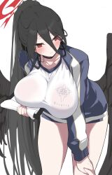 Rule 34 | 1girl, black hair, black wings, blue archive, blush, breasts, clipboard, gym uniform, halo, hasumi (blue archive), hasumi (track) (blue archive), highres, holding, holding clipboard, jacket, large breasts, leaning forward, low wings, official alternate costume, open clothes, open jacket, pants, ponytail, red eyes, shirt, simple background, solo, standing, track jacket, track pants, white background, white shirt, wings, yabai gorilla