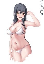 Rule 34 | 1girl, alternate costume, bikini, black hair, blush, breasts, brown eyes, collarbone, cowboy shot, hair between eyes, hair ornament, hairclip, highres, kantai collection, long hair, looking at viewer, navel, open mouth, oyashio (kancolle), smile, solo, swimsuit, tf cafe, twitter username, white background, white bikini