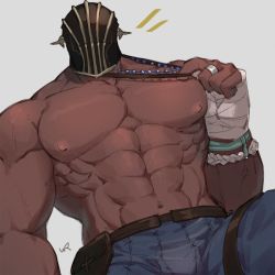 Rule 34 | 1boy, abs, artist name, bag, bandaged hand, bandages, bara, biceps, covered face, dark-skinned male, dark skin, feet out of frame, final fantasy, final fantasy xiv, highres, jewelry, large pectorals, legband, male focus, manly, mask, mature male, muscular, muscular male, necklace, necklace pull, nipples, original, pants, pectorals, signature, simple background, solo, thick arms, topless male, uori, veins, veiny arms, warrior of light (ff14), white background