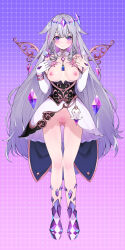 Rule 34 | 1girl, absurdres, adapted costume, breasts, circlet, colored inner hair, dress, grey hair, highres, hololive, hololive english, jewel under eye, koseki bijou, koseki bijou (1st costume), long hair, looking at viewer, multicolored hair, nipples, open mouth, petite, purple eyes, pussy, small breasts, smile, solo, topless, virtual youtuber, waterring, white dress