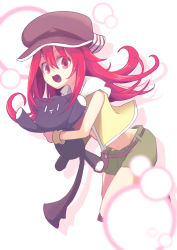 Rule 34 | 1girl, absurdres, cabbie hat, eyebrows, fanny pack, female focus, green skirt, hat, highres, holding, holding stuffed toy, jacket, looking at viewer, medium hair, midriff, miniskirt, misaki shiki, navel, nyantan, open mouth, red eyes, red hair, red shirt, shirt, skirt, smile, solo, stuffed toy, subarashiki kono sekai, white background, wristband, yellow jacket