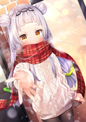 Rule 34 | 1girl, absurdres, alternate costume, aran sweater, blunt bangs, blush, breath, cable knit, clenched hand, double bun, enpera, eyebrows, hair bun, hair ornament, hair over shoulder, headband, highres, hololive, long hair, long sleeves, looking at viewer, murasaki shion, nari (narikashi), outdoors, outstretched hand, pantyhose, plaid, plaid scarf, red skirt, scarf, scarf over mouth, silver hair, skirt, snowing, solo, sweater, virtual youtuber, winter, winter clothes, yellow eyes