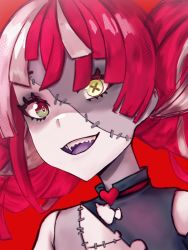 Rule 34 | 1girl, absurdres, bare shoulders, colored skin, double bun, fangs, hair bun, heart, heterochromia, highres, hololive, hololive indonesia, kureiji ollie, multicolored hair, neroshi, open mouth, patchwork skin, red background, red hair, solo, stitched face, stitched torso, stitches, torn clothes, virtual youtuber, zombie