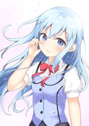 Rule 34 | 1girl, blue eyes, blue hair, bow, bowtie, closed mouth, collared shirt, dress shirt, floating hair, gochuumon wa usagi desu ka?, hair between eyes, hair ornament, highres, kafuu chino, keito4f, long hair, looking at viewer, red bow, red bowtie, shirt, short sleeves, simple background, smile, solo, standing, upper body, very long hair, vest, white background, white shirt, wing collar, x hair ornament
