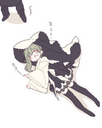 Rule 34 | 1boy, 1girl, :d, = =, ^^^, black footwear, black pants, black thighhighs, blush stickers, cecilia (shiro seijo to kuro bokushi), chibi, closed eyes, dress, food, food on face, green hair, hair between eyes, kazutake hazano, lawrence (shiro seijo to kuro bokushi), long hair, long sleeves, lying, no shoes, on back, open mouth, pants, shadow, shiro seijo to kuro bokushi, shoes, simple background, smile, solo focus, standing, thighhighs, translation request, veil, white background, white dress, wide sleeves, zzz