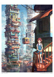 Rule 34 | 1girl, 2011, absurdres, animal ears, artist name, brown eyes, cable car, chong feigiap, cityscape, highres, leaning, long hair, looking at viewer, original, red hair, scenery, school uniform, solo, stairs, standing, tail, tower, watermark, web address