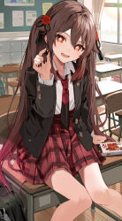 Rule 34 | 1girl, alternate costume, brown hair, cabinet, chocolate, classroom, collared shirt, commentary request, curtains, day, desk, genshin impact, highres, hu tao (genshin impact), indoors, long hair, long sleeves, looking at viewer, motto (night wear), necktie, on desk, open clothes, open mouth, red necktie, school desk, school uniform, shirt, shirt tucked in, sitting, smile, solo, star-shaped pupils, star (symbol), symbol-shaped pupils, twintails, white shirt, window