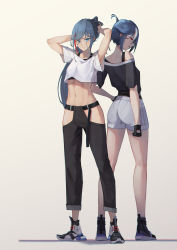 Rule 34 | 2girls, absurdres, back-to-back, beige background, belt, black belt, black gloves, black pants, blue hair, clenched hand, cropped shirt, fu hua, fu hua (herrscher of sentience), gloves, grey shorts, highres, honkai (series), honkai impact 3rd, looking back, midriff, multicolored hair, multiple girls, navel, open mouth, pants, red hair, shirt, shoes, shorts, sneakers, streaked hair, tying hair, white hair, white shirt, zhelizhiyouhongcha