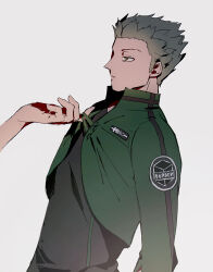 Rule 34 | 1boy, always omochi, badge, beckoning, belt, black shirt, blood, blood on hands, closed mouth, cropped jacket, from side, green jacket, grey background, grey hair, hand under clothes, jacket, kuruma squad&#039;s uniform, long sleeves, looking at another, male focus, murakami kou, profile, shirt, short hair, simple background, solo, solo focus, spiked hair, uniform, upper body, world trigger