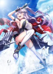 Rule 34 | 1girl, armpits, azur lane, belt, blue sky, blush, boots, breasts, buckle, cannon, cloud, fingerless gloves, gleam, glint, gloves, grenville (azur lane), gun, hair between eyes, hair ornament, highres, holding, holding gun, holding weapon, jacket, jacket on shoulders, jumping, ken ill, large breasts, long hair, looking afar, off shoulder, open mouth, outdoors, purple hair, red eyes, red jacket, rigging, side ponytail, sky, sleeveless, smile, solo, splashing, sunlight, thighhighs, torpedo launcher, underbust, water drop, weapon, white thighhighs