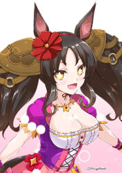 Rule 34 | + +, 1girl, animal ears, black hair, breasts, cleavage, commentary request, dress, ear ornament, fang, gradient background, horse ears, horse girl, large breasts, long hair, looking at viewer, marvelous sunday (umamusume), mikage takashi, open mouth, pink background, puffy short sleeves, puffy sleeves, purple dress, short sleeves, smile, solo, twitter username, umamusume, yellow eyes