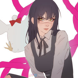 Rule 34 | 1girl, artist name, black hair, black ribbon, bow, bucky (chainsaw man), chainsaw man, closed mouth, eyelashes, eyeshadow, facial scar, headless, inhoso, instagram logo, intestines, long eyelashes, long hair, looking at viewer, makeup, outline, patreon logo, pink eyeshadow, red bow, ribbon, ringed eyes, scar, scar on cheek, scar on face, scar on nose, twitter logo, unfinished, white outline, yellow eyes, yoru (chainsaw man)