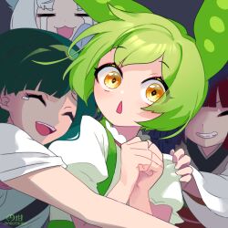 Rule 34 | 4girls, :3, = =, blush, brown hair, clenched hands, closed eyes, commentary request, crying, eyeliner, floating hair, glomp, green hair, grin, hand on another&#039;s shoulder, hands up, happy tears, highres, hug, japanese clothes, kimono, looking at viewer, marutsubo, multiple girls, own hands together, pink eyeliner, puffy short sleeves, puffy sleeves, raised eyebrows, shirt, short sleeves, smile, streaming tears, surprised, suspenders, tears, touhoku itako, touhoku kiritan, touhoku zunko, triangle mouth, voiceroid, voicevox, white hair, white shirt, wide-eyed, wide sleeves, yellow eyes, zundamon