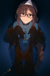 Rule 34 | 1girl, black dress, black gloves, braid, braided ponytail, breasts, brown eyes, brown hair, center opening, dress, earrings, echo (circa), elbow gloves, fate/grand order, fate (series), glasses, gloves, grey dress, jewelry, layered dress, long hair, long sleeves, looking at viewer, medium breasts, multiple earrings, ribbed dress, ribbon-trimmed dress, sidelocks, solo, very long hair, yu mei-ren (fate), yu mei-ren (first ascension) (fate)
