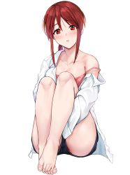 Rule 34 | 1girl, bare shoulders, barefoot, blush, dress shirt, feet, highres, long hair, looking at viewer, open clothes, open shirt, panties, panty peek, parted lips, ponytail, red eyes, red hair, shirt, sitting, strap slip, toes, underwear