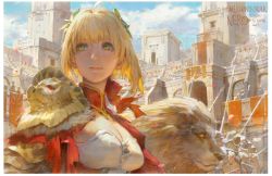 Rule 34 | 10s, 1girl, armor, blonde hair, breasts, cleavage, cleavage cutout, closed mouth, clothing cutout, collar, crowd, fate/extra, fate/grand order, fate (series), fur trim, green eyes, hair ribbon, krenz, lion, nero claudius (fate), nero claudius (fate), nero claudius (fate/extra), ribbon, short hair, shoulder armor, solo