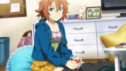 Rule 34 | 10s, 1girl, aqua eyes, black thighhighs, breasts, brown eyes, cleavage, cup, game cg, holding, holding cup, indoors, looking at viewer, no shoes, philia (sao), pleated skirt, skirt, smile, solo, sword art online, sword art online: hollow fragment, thighhighs, yellow skirt